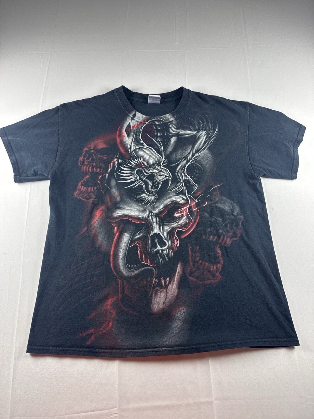 Y2K Skull Dragon Graphic T Shirt Mens Large Black Gothic Biker Style Tee